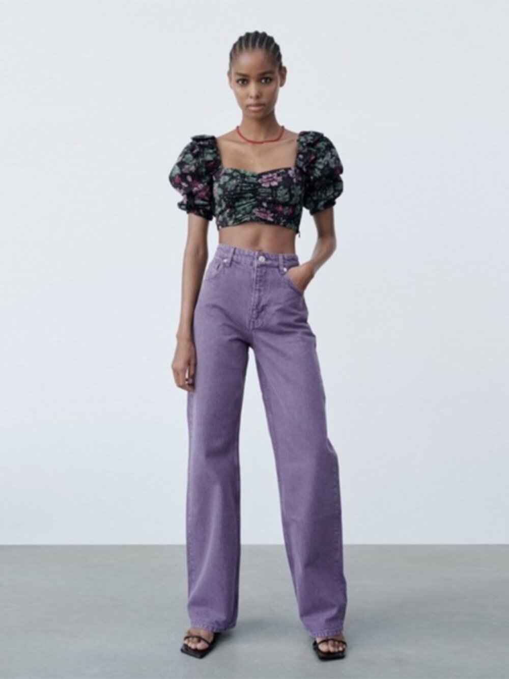 Zara Milkmaid Black Pink Green Floral Puff Sleeve Crop Top size XS